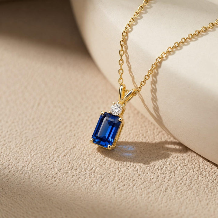 Lab Created Blue Sapphire Necklace, Emerald Cut Sapphire Pendant, Art Deco September Birthstone Necklace, 925 Sterling Silver, Gift for Her