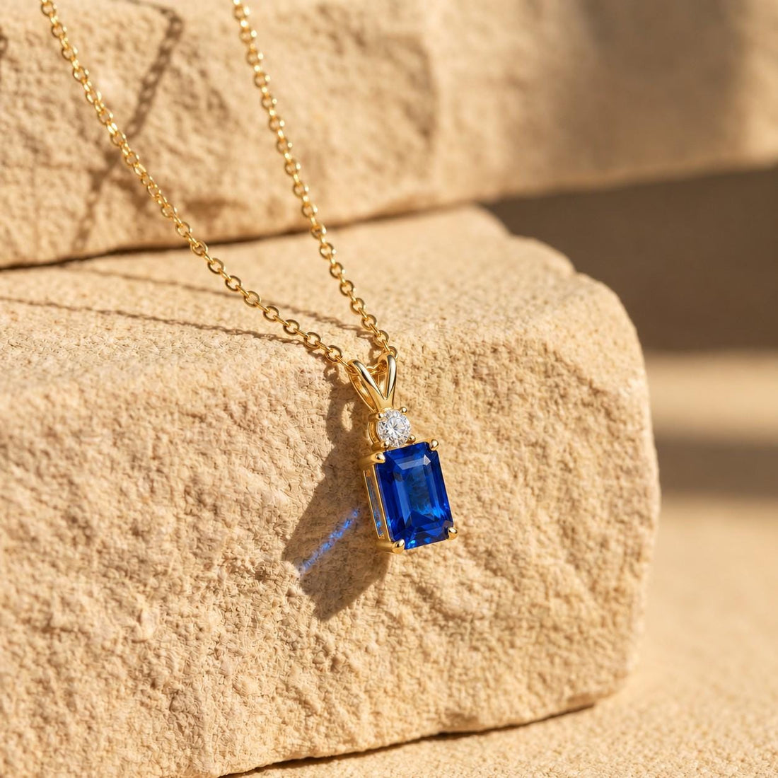Lab Created Blue Sapphire Necklace, Emerald Cut Sapphire Pendant, Art Deco September Birthstone Necklace, 925 Sterling Silver, Gift for Her