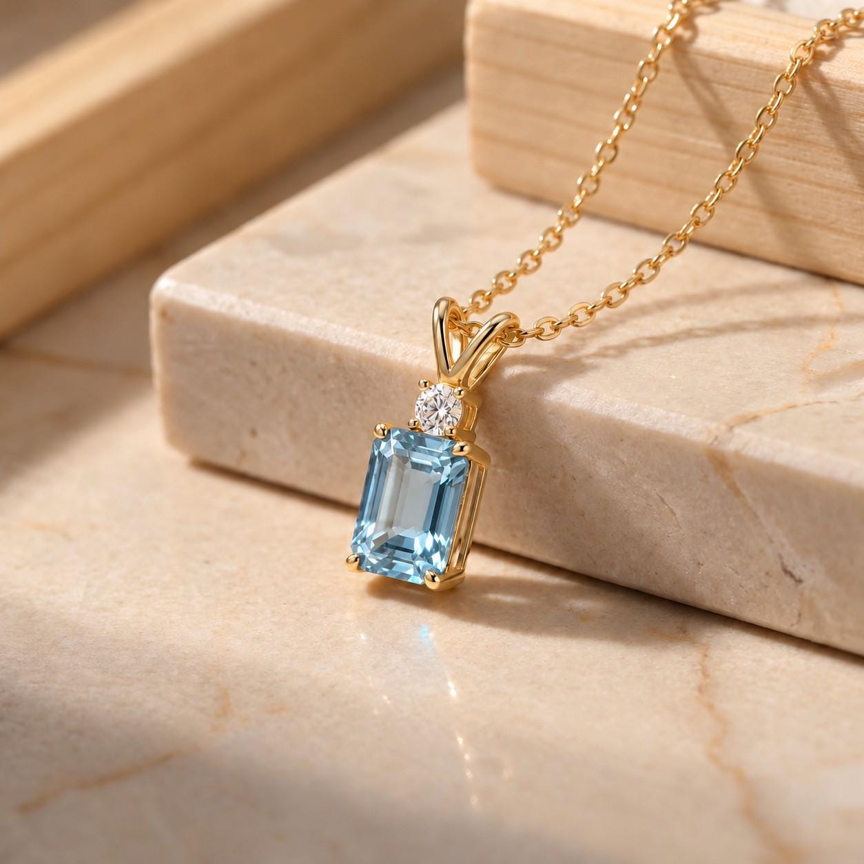 Aquamarine Pendant Necklace, March Birthstone Emerald Cut, Dainty Art Deco Solitaire, Mothers Day Gift, Birthday Present for Daughter