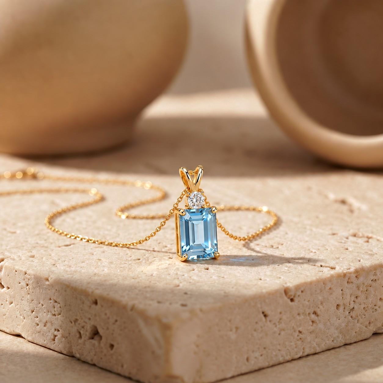 Aquamarine Pendant Necklace, March Birthstone Emerald Cut, Dainty Art Deco Solitaire, Mothers Day Gift, Birthday Present for Daughter