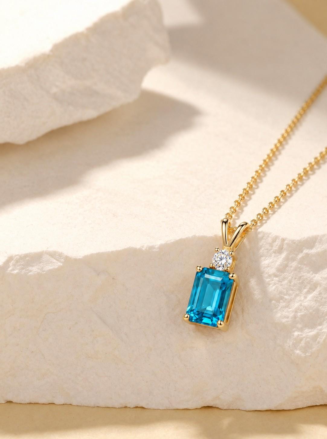 Blue Topaz Necklace, December Birthstone Pendant, Emerald Cut Art Deco Solitaire, Christmas Gift for Wife, Holiday Present, Birthday Gift
