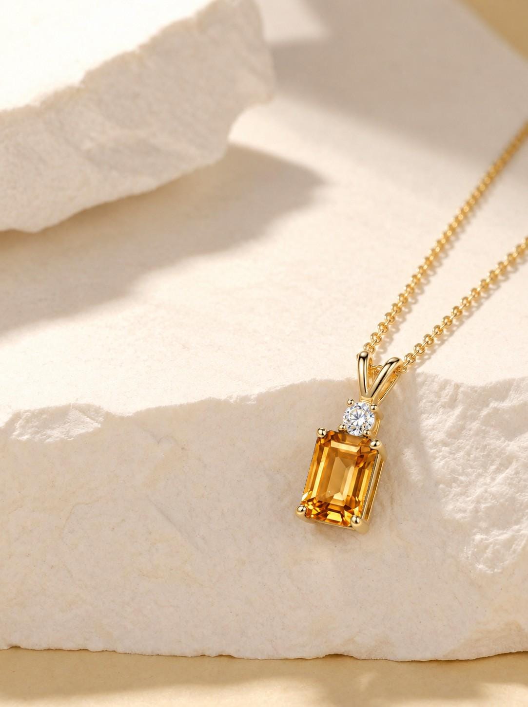Citrine Pendant, November Birthstone Necklace, Emerald Cut Yellow Stone Solitaire, Art Deco, Thanksgiving Present, Christmas Gift for Her