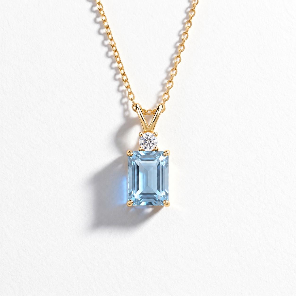 Aquamarine Pendant Necklace, March Birthstone Emerald Cut, Dainty Art Deco Solitaire, Mothers Day Gift, Birthday Present for Daughter