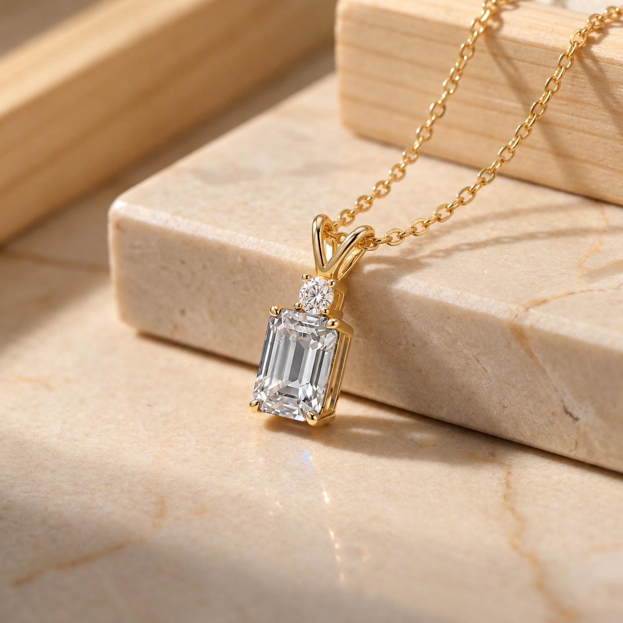 Moissanite Pendant Necklace, April Birthstone Emerald Cut Solitaire, Art Deco Jewelry, Bridesmaid Gift, Wedding Day Present for Her