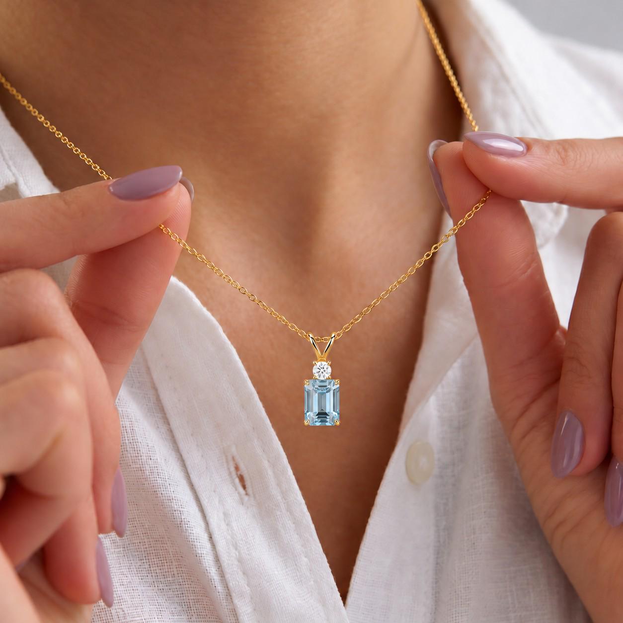 Aquamarine Pendant Necklace, March Birthstone Emerald Cut, Dainty Art Deco Solitaire, Mothers Day Gift, Birthday Present for Daughter
