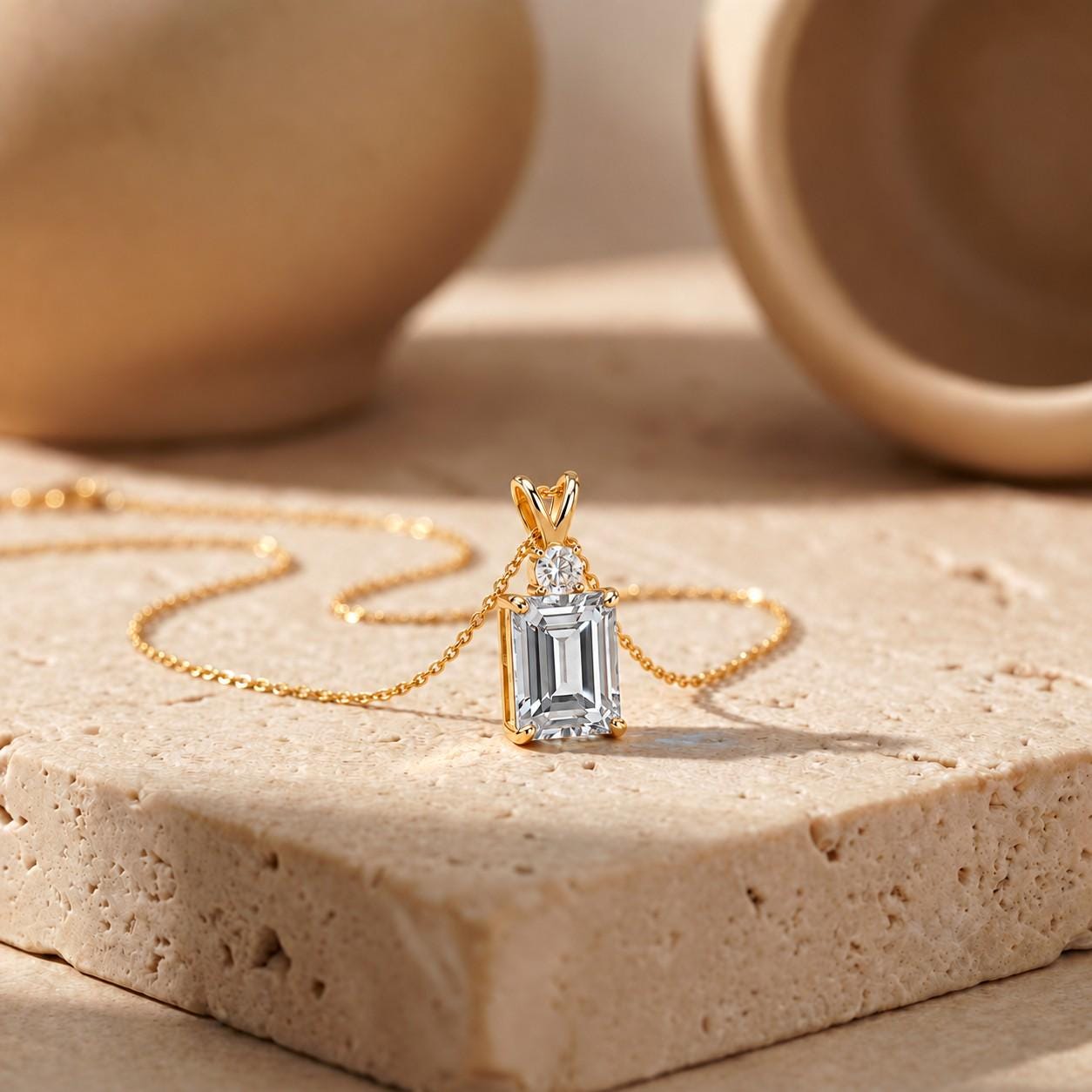 Moissanite Pendant Necklace, April Birthstone Emerald Cut Solitaire, Art Deco Jewelry, Bridesmaid Gift, Wedding Day Present for Her