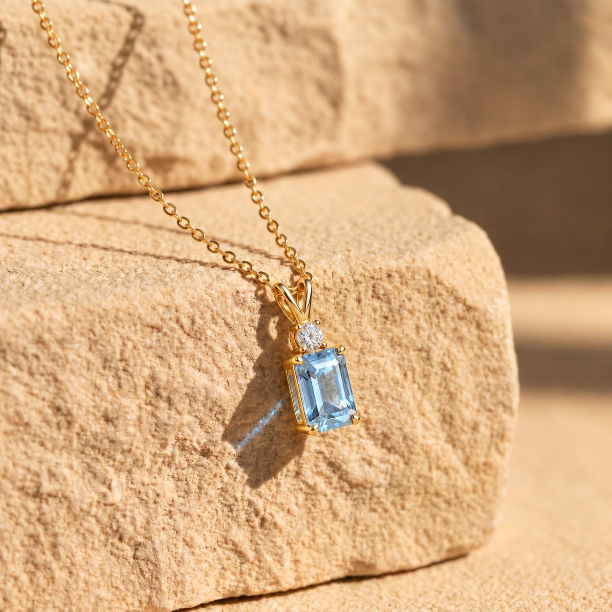 Aquamarine Pendant Necklace, March Birthstone Emerald Cut, Dainty Art Deco Solitaire, Mothers Day Gift, Birthday Present for Daughter