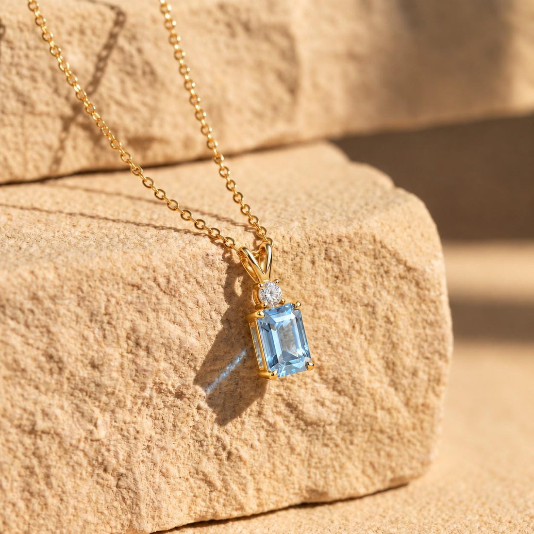 Aquamarine Pendant Necklace, March Birthstone Emerald Cut, Dainty Art Deco Solitaire, Mothers Day Gift, Birthday Present for Daughter