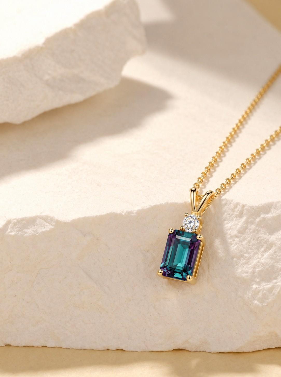 Alexandrite Necklace, June Birthstone Gift, Emerald Cut Art Deco Pendant, Anniversary Gift for Wife, Graduation Present