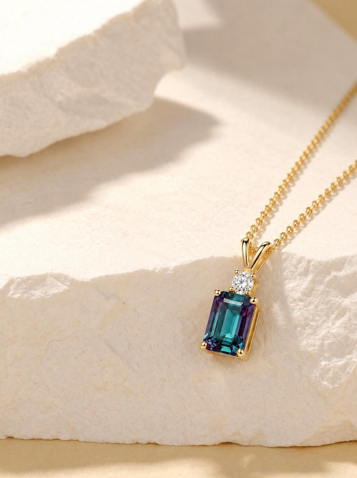 Alexandrite Necklace, June Birthstone Gift, Emerald Cut Art Deco Pendant, Anniversary Gift for Wife, Graduation Present