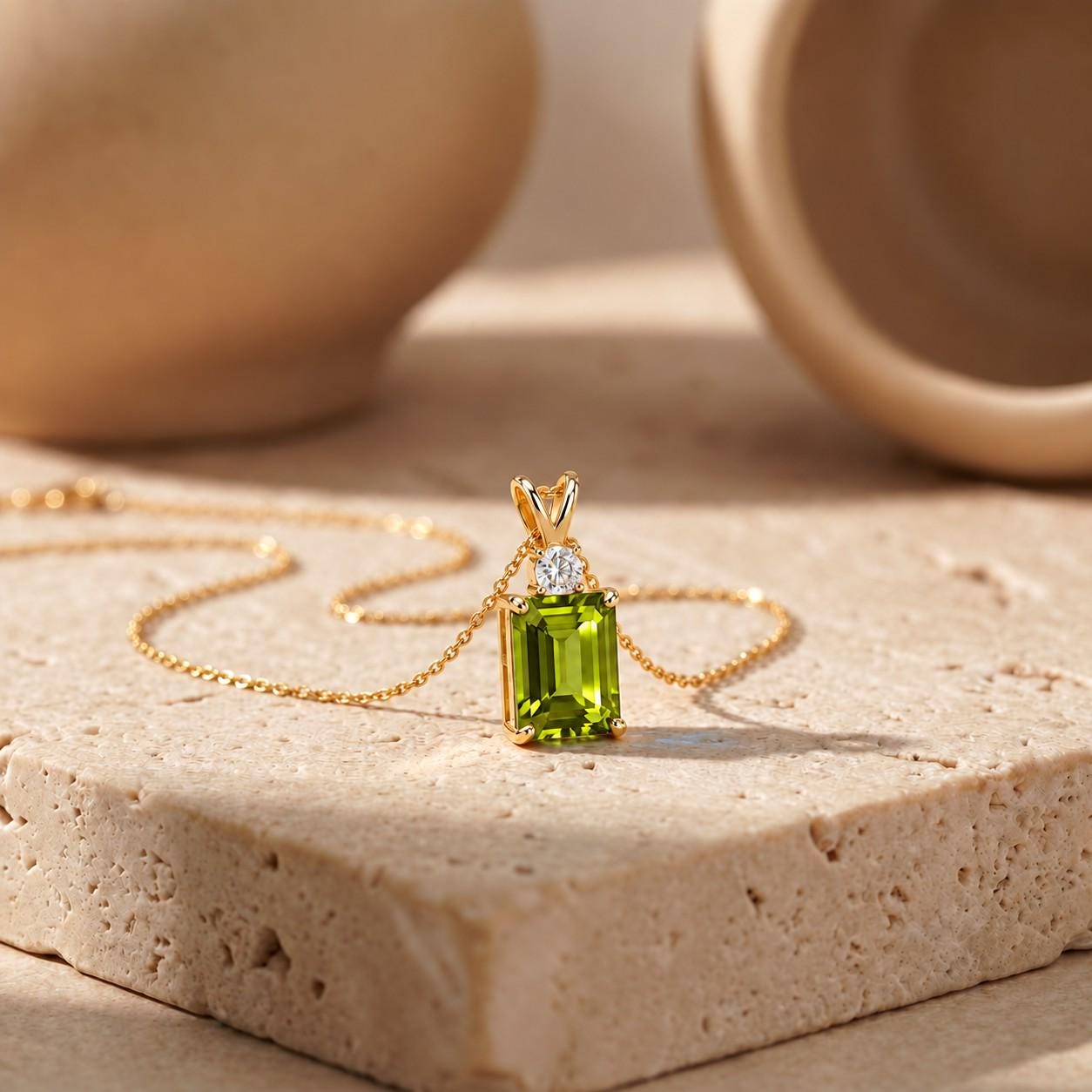 August Birthstone Peridot Pendant, Emerald Cut Green Necklace, Art Deco Solitaire, Gift for Sister, Best Friend Birthday Present