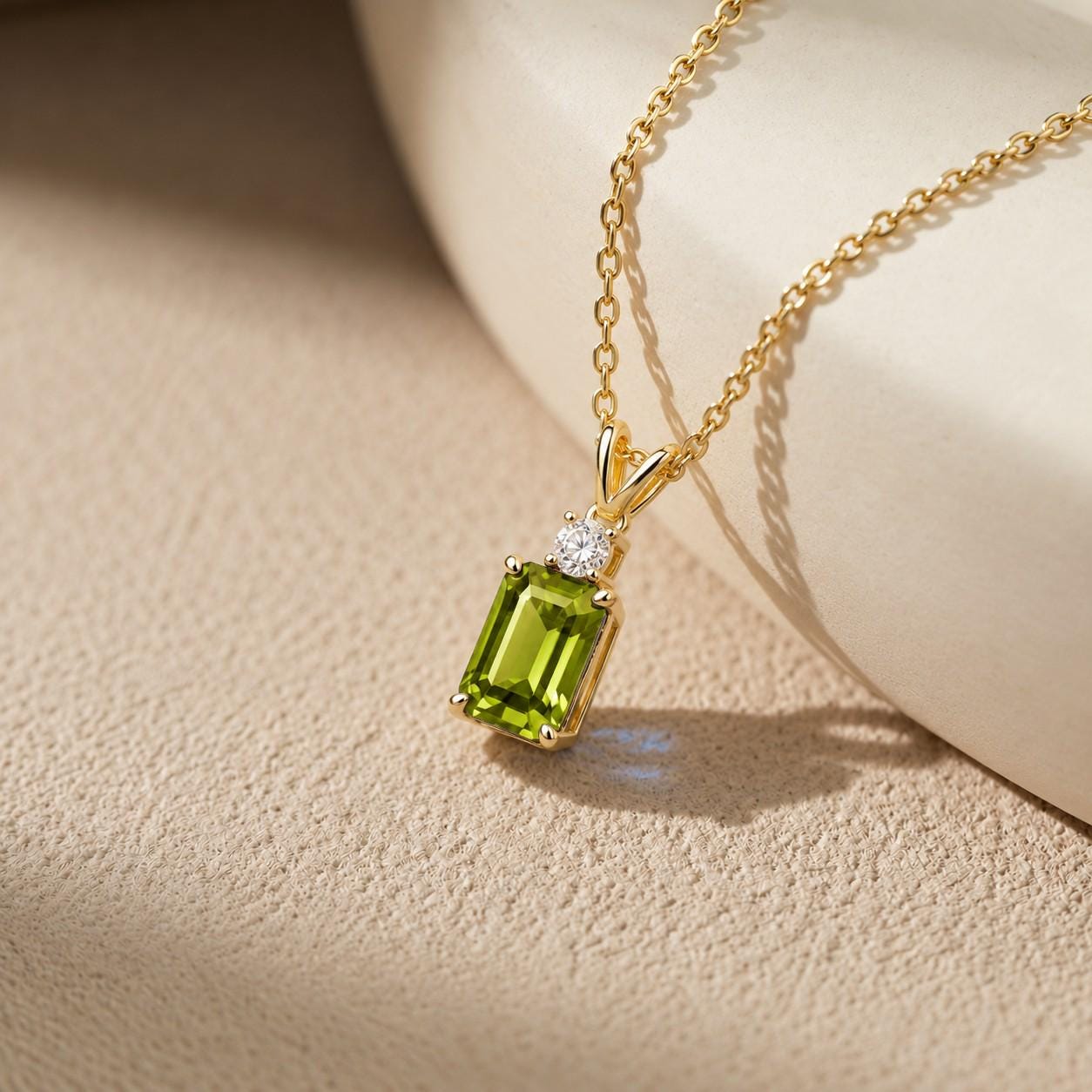 August Birthstone Peridot Pendant, Emerald Cut Green Necklace, Art Deco Solitaire, Gift for Sister, Best Friend Birthday Present