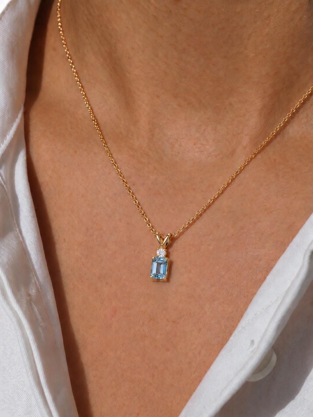 Aquamarine Pendant Necklace, March Birthstone Emerald Cut, Dainty Art Deco Solitaire, Mothers Day Gift, Birthday Present for Daughter