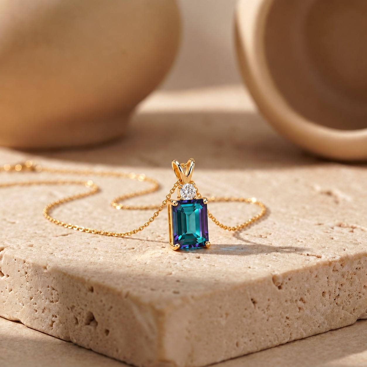 Alexandrite Necklace, June Birthstone Gift, Emerald Cut Art Deco Pendant, Anniversary Gift for Wife, Graduation Present