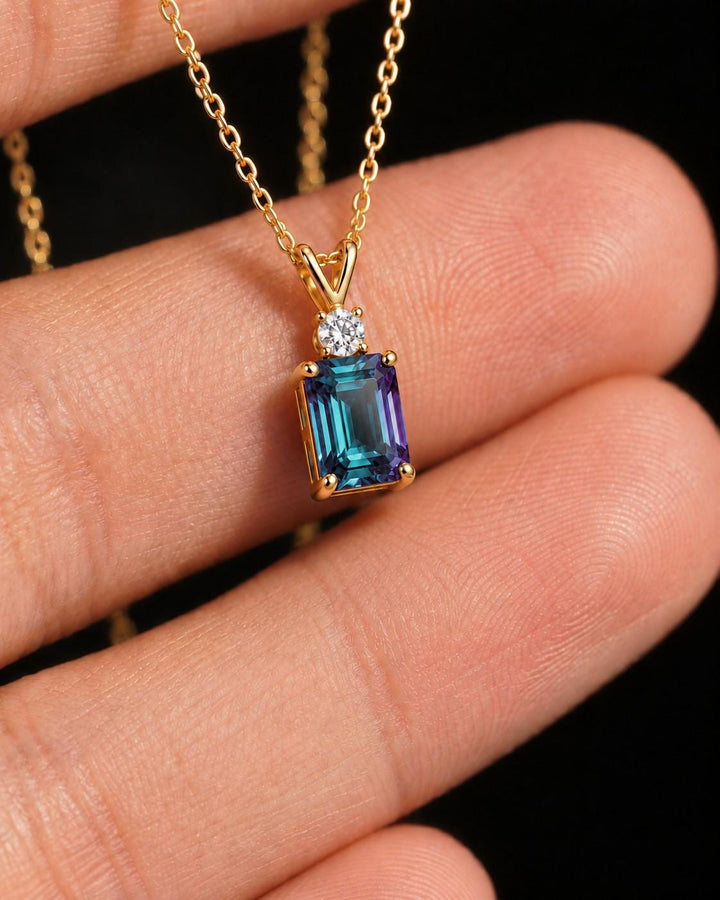 Alexandrite Necklace, June Birthstone Gift, Emerald Cut Art Deco Pendant, Anniversary Gift for Wife, Graduation Present