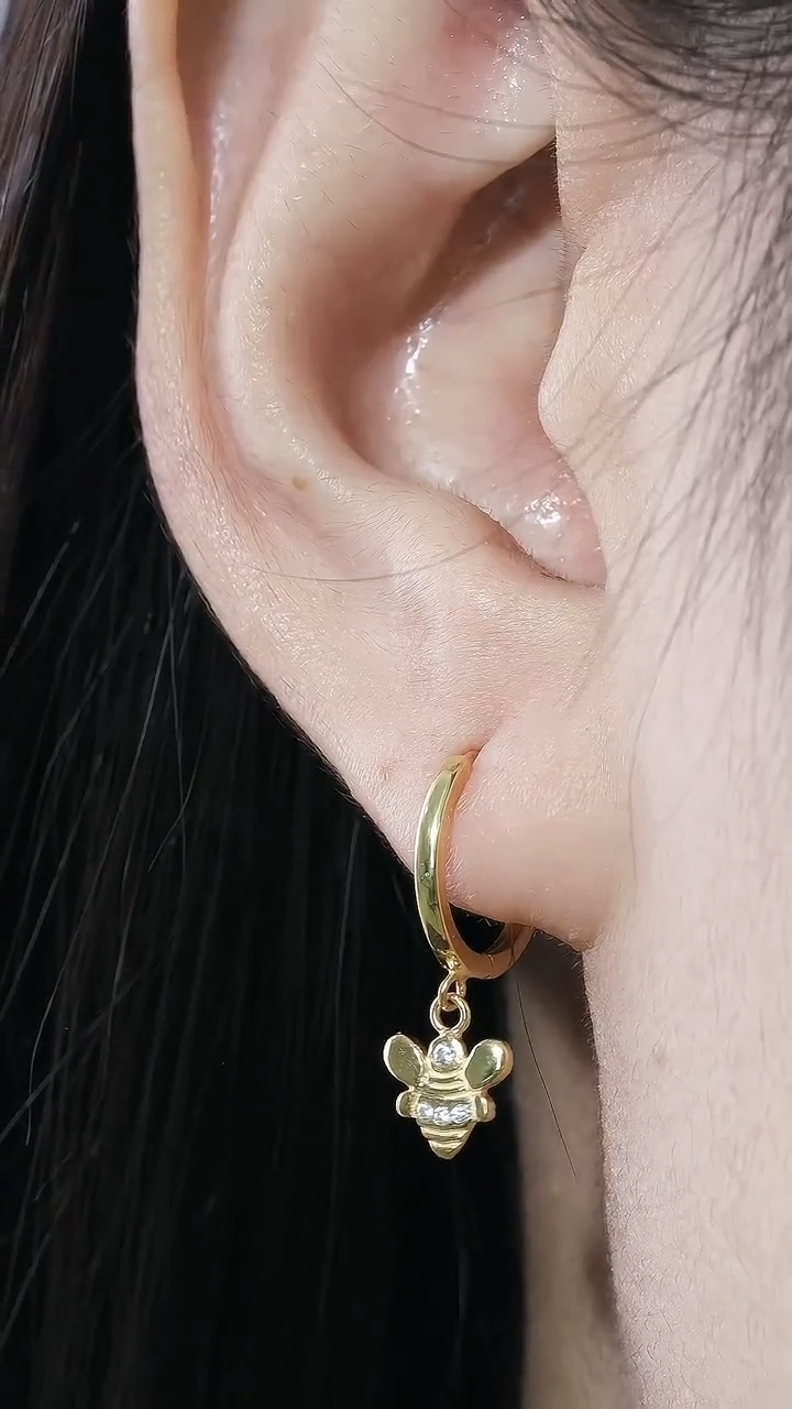 Honey Bee Diamond Hoop Earrings, Minimalist Hoop Earrings Gift for Women, Dangle Drop Honey Bee Hoop Earrings, Unique Earrings Design