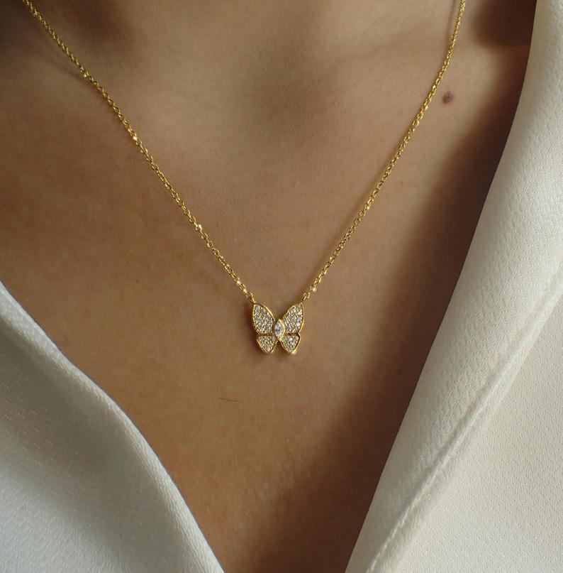 Butterfly Necklace / Simulated Diamonds Butterfly Necklace / 925 Sterling Silver Daily Wear Necklace / Gold Plated CZ Necklace