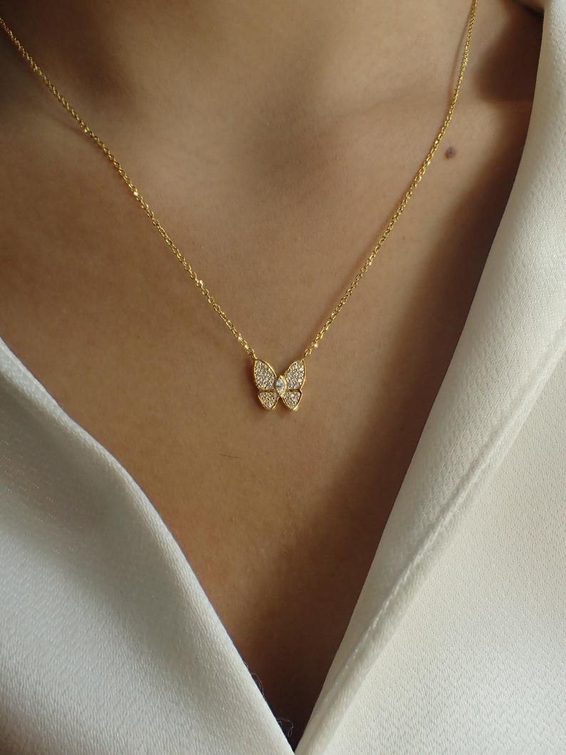 Butterfly Necklace / Simulated Diamonds Butterfly Necklace / 925 Sterling Silver Daily Wear Necklace / Gold Plated CZ Necklace