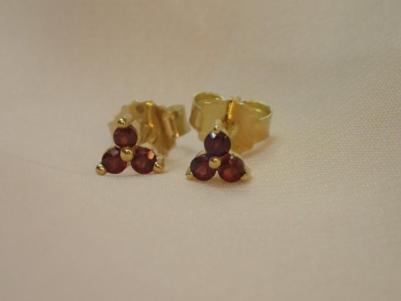 Lab-Grown Garnet Stud Earrings / Sterling Silver Earrings / Gold Plated Earrings / Three Stone Earrings / Minimalist Earrings