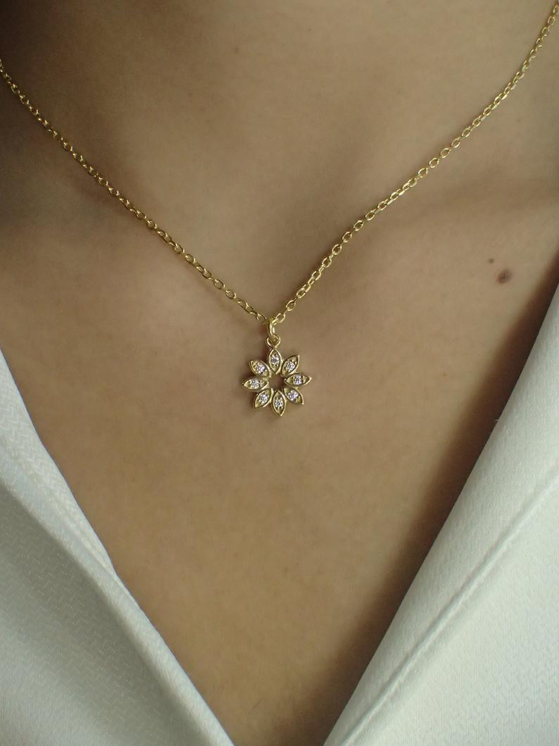 Sterling Silver CZ Flower Necklace / Simulated Diamonds Bridesmaid Gift / Gold Plated Marquise Flower Necklace Gift for her