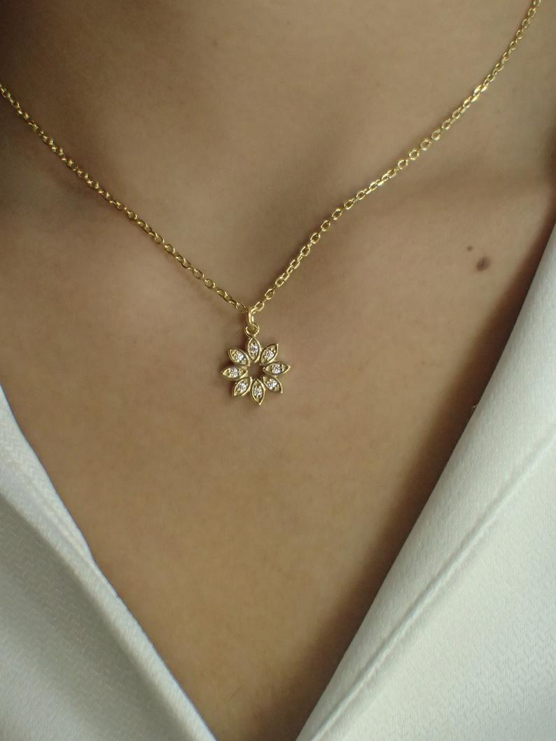 Sterling Silver CZ Flower Necklace / Simulated Diamonds Bridesmaid Gift / Gold Plated Marquise Flower Necklace Gift for her