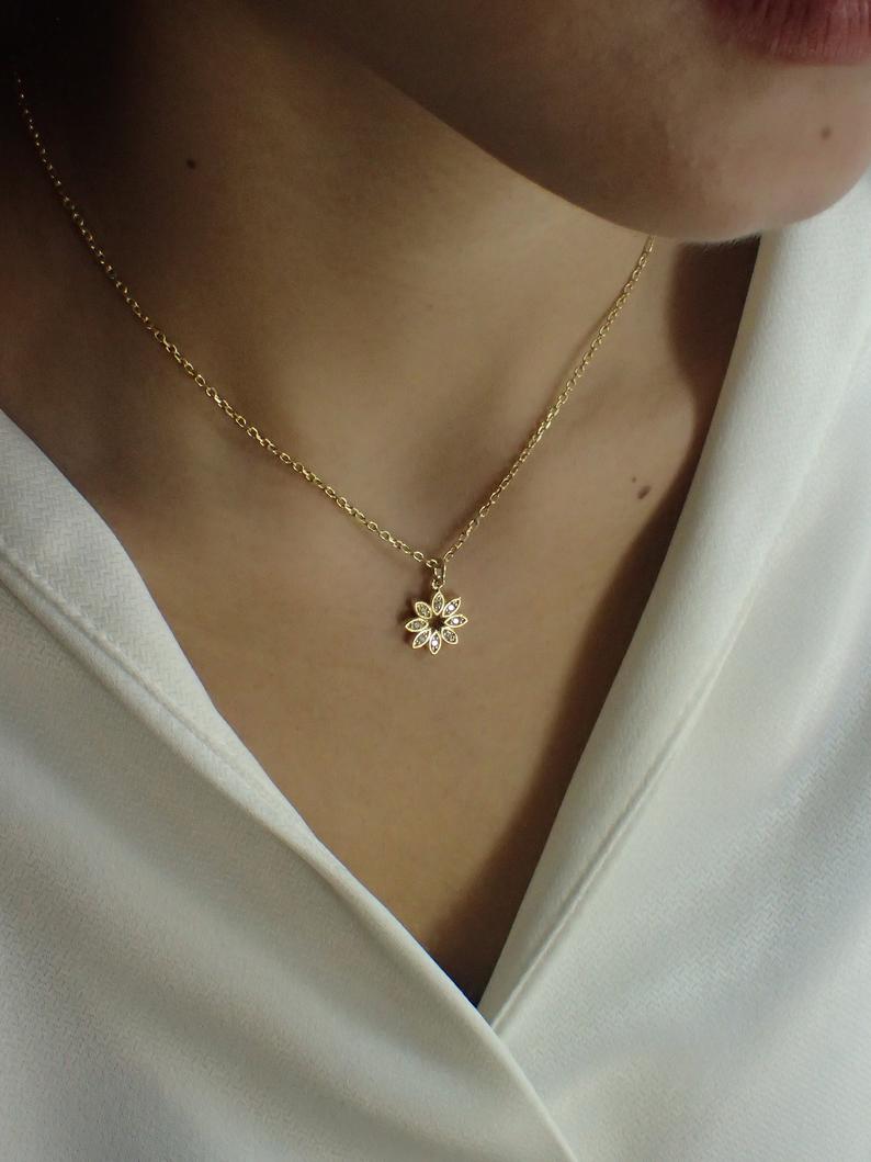 Sterling Silver CZ Flower Necklace / Simulated Diamonds Bridesmaid Gift / Gold Plated Marquise Flower Necklace Gift for her