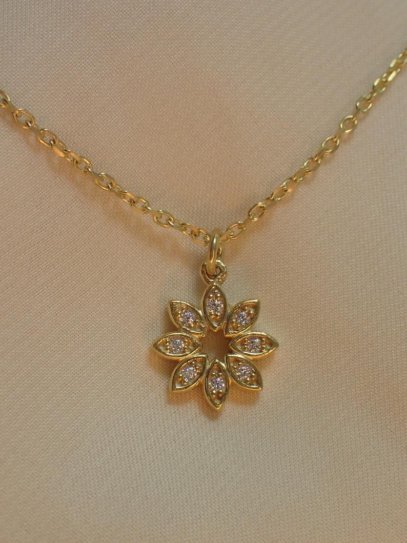 Sterling Silver CZ Flower Necklace / Simulated Diamonds Bridesmaid Gift / Gold Plated Marquise Flower Necklace Gift for her