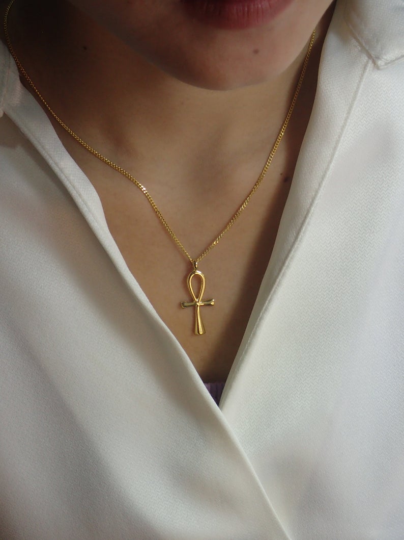 Egyptian Ankh Cross Pendant Necklace / Sterling Silver Egypt Hieroglyphs pendant necklace / Protection Necklace / Egyptian Cross