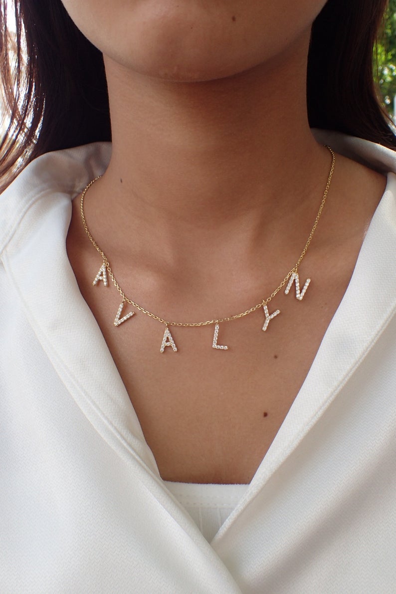 Custom Initial Necklace / Gold Plated CZ Name necklace / Personalized Necklace / Dangle Name Necklace / layering necklace