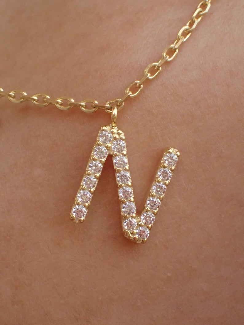 Custom Initial Necklace / Gold Plated CZ Name necklace / Personalized Necklace / Dangle Name Necklace / layering necklace