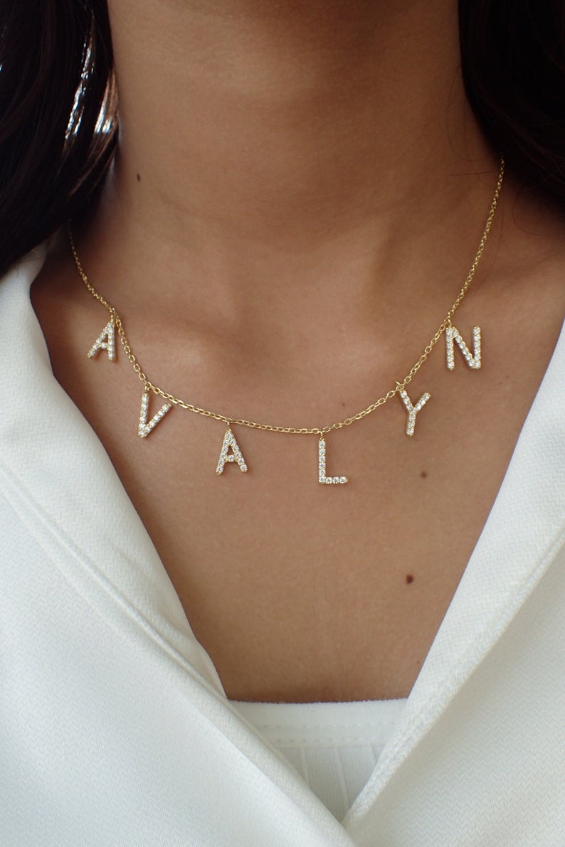 Custom Initial Necklace / Gold Plated CZ Name necklace / Personalized Necklace / Dangle Name Necklace / layering necklace