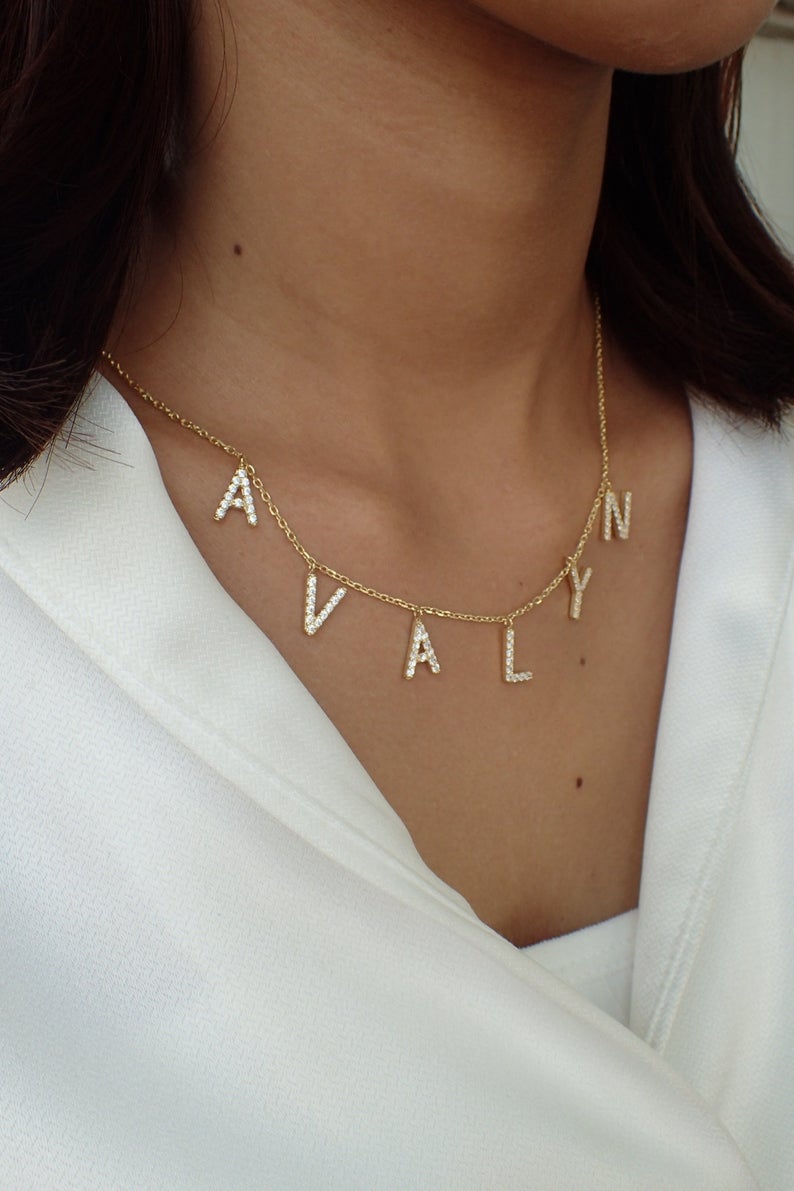 Custom Initial Necklace / Gold Plated CZ Name necklace / Personalized Necklace / Dangle Name Necklace / layering necklace