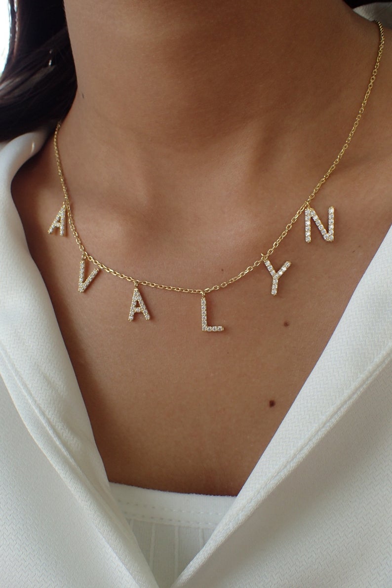 Custom Initial Necklace / Gold Plated CZ Name necklace / Personalized Necklace / Dangle Name Necklace / layering necklace