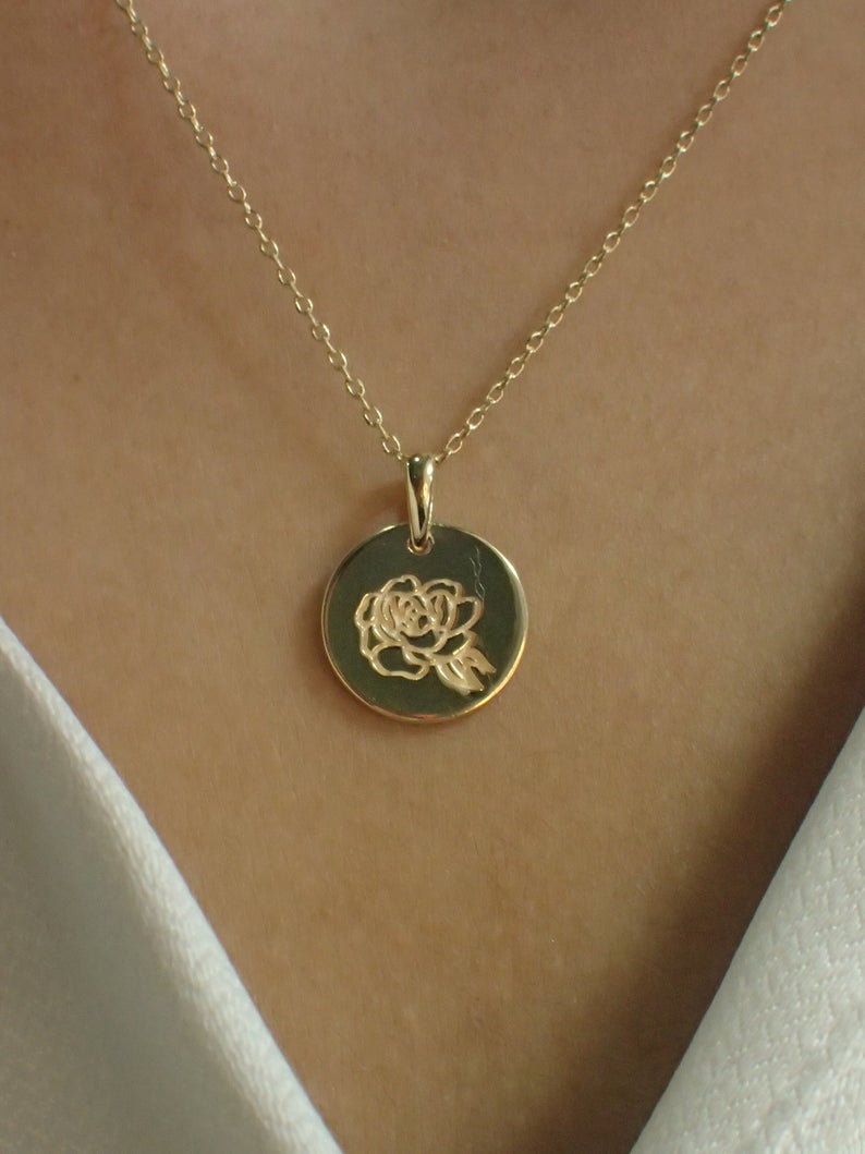 Sterling Silver Rose Signet Necklace / Dainty Engraved Necklace / Flower Signet Necklace / Minimalist Engraved Necklace