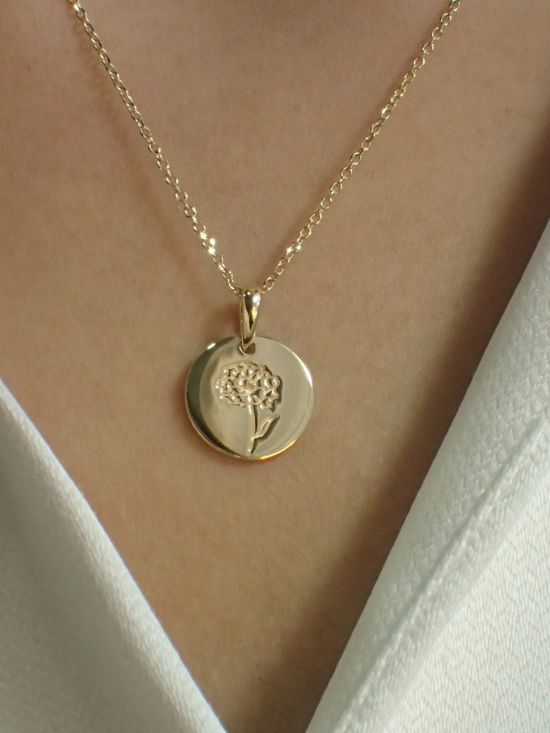 Sterling Silver Signet Necklace / Gold Plated Dainty Engraved Necklace / Minimalist Flower Necklace / Necklaces for Women
