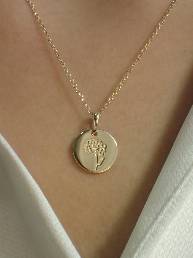 Sterling Silver Signet Necklace / Gold Plated Dainty Engraved Necklace / Minimalist Flower Necklace / Necklaces for Women