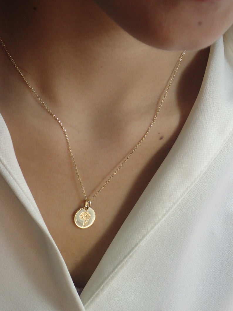Sterling Silver Signet Necklace / Gold Plated Dainty Engraved Necklace / Minimalist Flower Necklace / Necklaces for Women