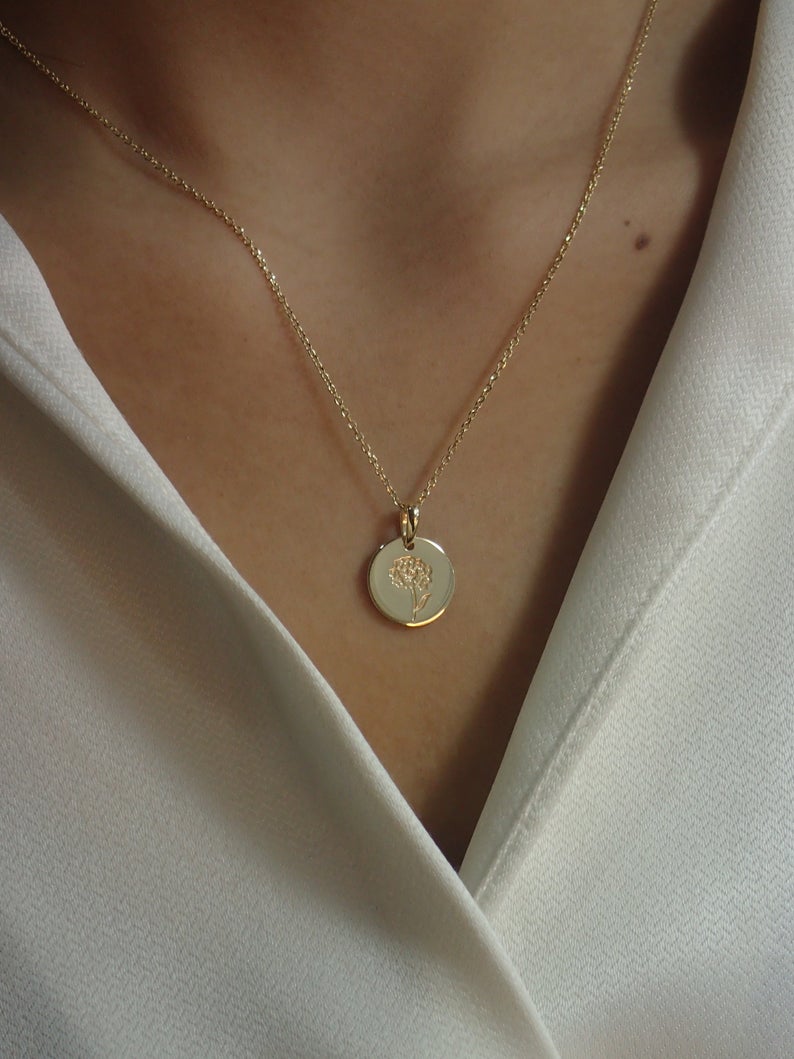 Sterling Silver Signet Necklace / Gold Plated Dainty Engraved Necklace / Minimalist Flower Necklace / Necklaces for Women
