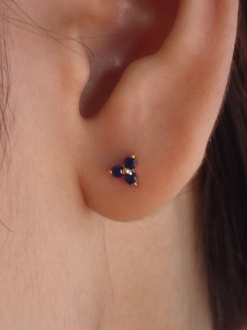 Trinity Stud Earrings / Lab-Grown Blue Sapphire Sterling Silver Earrings / Gold Plated Earrings / Three Stone Earrings