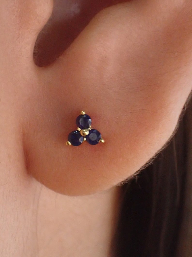 Trinity Stud Earrings / Lab-Grown Blue Sapphire Sterling Silver Earrings / Gold Plated Earrings / Three Stone Earrings