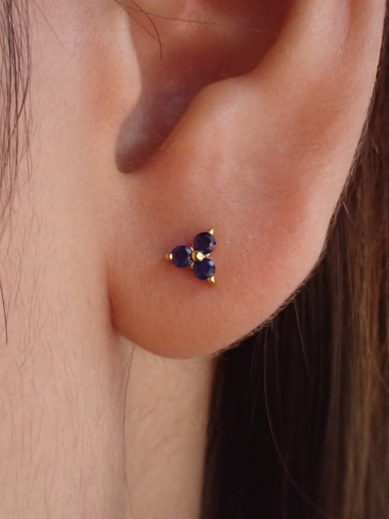 Trinity Stud Earrings / Lab-Grown Blue Sapphire Sterling Silver Earrings / Gold Plated Earrings / Three Stone Earrings