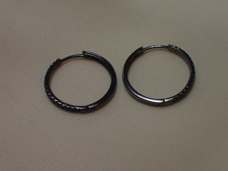 Simulated Black Diamonds Hoop Earrings / 925 Sterling Silver Huggies Earrings / Minimalist Eternity CZ Earring / Huggie Hoops Earrings