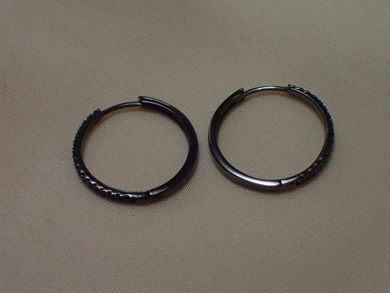 Simulated Black Diamonds Hoop Earrings / 925 Sterling Silver Huggies Earrings / Minimalist Eternity CZ Earring / Huggie Hoops Earrings