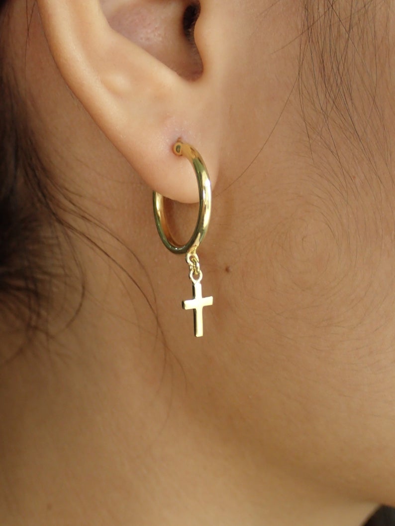 Dangle Cross Hoop Earrings / 13mm Gold Plated Earrings / Minimalist Earrings Gift for Her / Sterling Silver Earrings