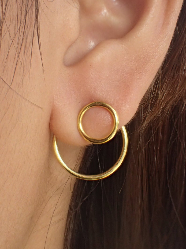 Open Circle Ear Jacket Earrings / 925 Sterling Silver Two Way Earrings / Gold Plated Geometric Minimal / Earrings Gift for Her
