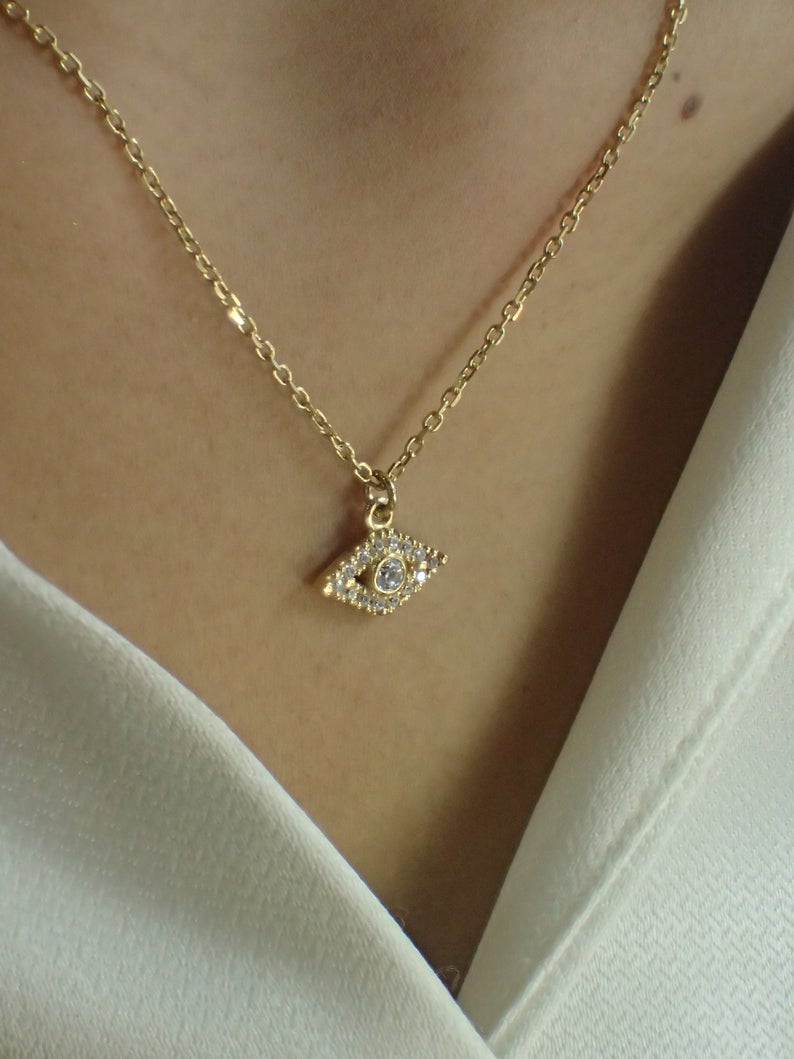 Sterling Silver Evil Eye Necklace / Simulated Diamonds Protection Necklace / Gold Plated dainty necklace / Delicate Necklace Gift