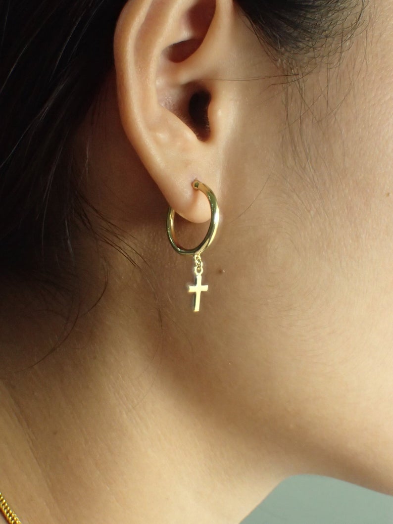 Dangle Cross Hoop Earrings / 13mm Gold Plated Earrings / Minimalist Earrings Gift for Her / Sterling Silver Earrings
