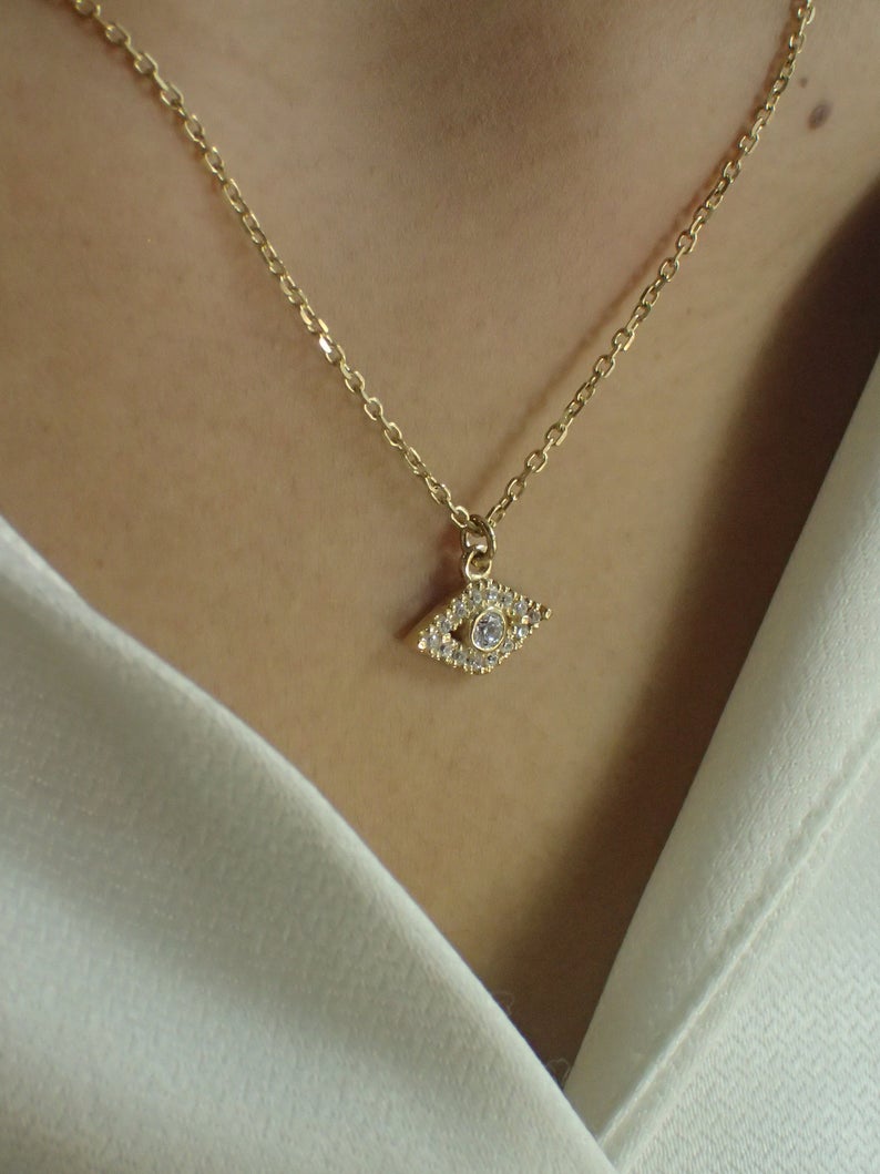 Sterling Silver Evil Eye Necklace / Simulated Diamonds Protection Necklace / Gold Plated dainty necklace / Delicate Necklace Gift