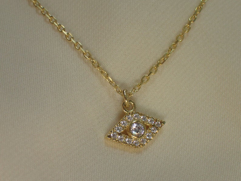 Sterling Silver Evil Eye Necklace / Simulated Diamonds Protection Necklace / Gold Plated dainty necklace / Delicate Necklace Gift