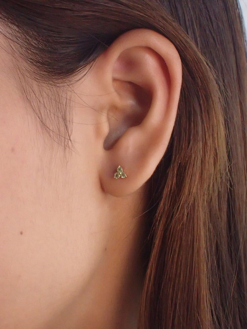 Lab-Grown Peridot Stud Earrings / Sterling Silver Earrings / Gold Plated Earrings / Three Stone Earrings / Minimalist Earrings